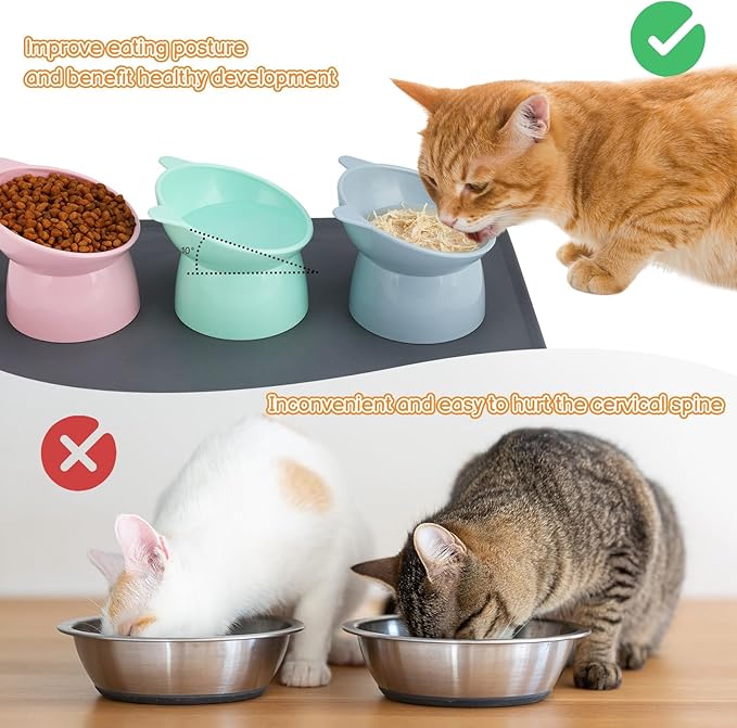 3 Pcs Elevated Cat Bowls 15° Raised Cat Bowl with Silicone Mat Whisker Friendly Anti Vomiting Cats Elevated Food and Water Bowls for Indoor Cats Kittens