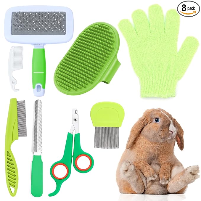 VCZONE 8 Pcs Small Animal Grooming Kit, Pink with Pet Nail Clipper and File, Flea Comb, Pet Shampoo Bath Brush, Pet Shedding Slicker Brush, Bath Massage Glove, Cleaning Comb (Green)