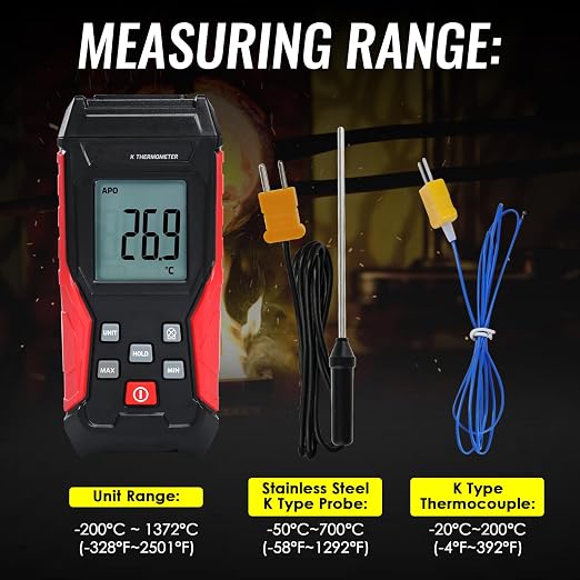 Digital K Type Thermometer with Two Thermocouple Probes, -328°F~2501°F Single Channel Thermocouple Thermometer HVAC Temperature Meter with Backlit LCD Display Max/Min, Data Hold