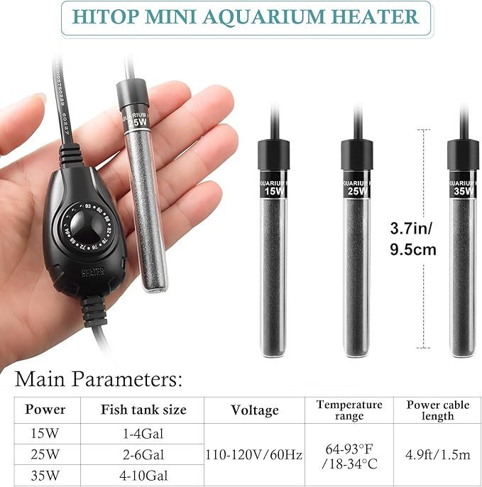 HITOP 25W Super Mini Aquarium Heater: Adjustable Heater for Small Fish Tank 2-6Gallons, with External Controller, Betta Heater for Fish Bowls (25W)