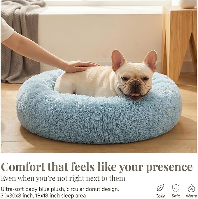 Calming Donut Dogs Beds for Small Dogs Washable,28inch Plush Round Pet Bed for Cozy Sleep,Fluffy Faux Fur Large Cat Bed,Fits up to 30 lbs Pets,Washed Blue
