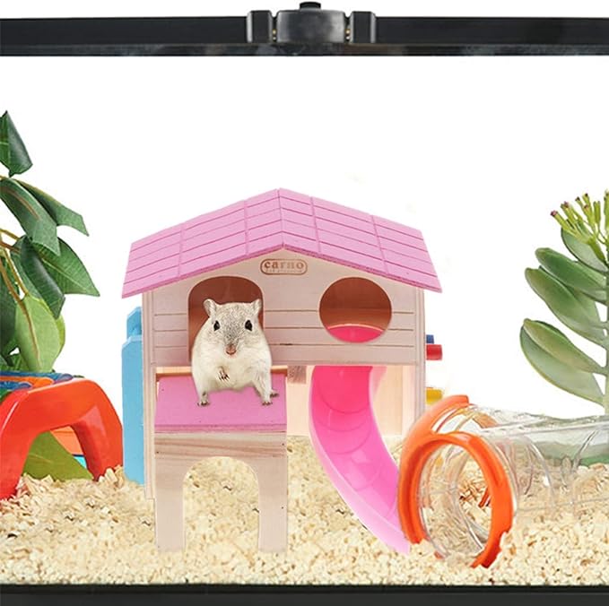 kathson Pet Small Animal Hideout Hamster House with Funny Climbing Ladder Slide Wooden Hut Play Toys Chews for Small Animals Like Dwarf Hamster and Mouse(Pink)