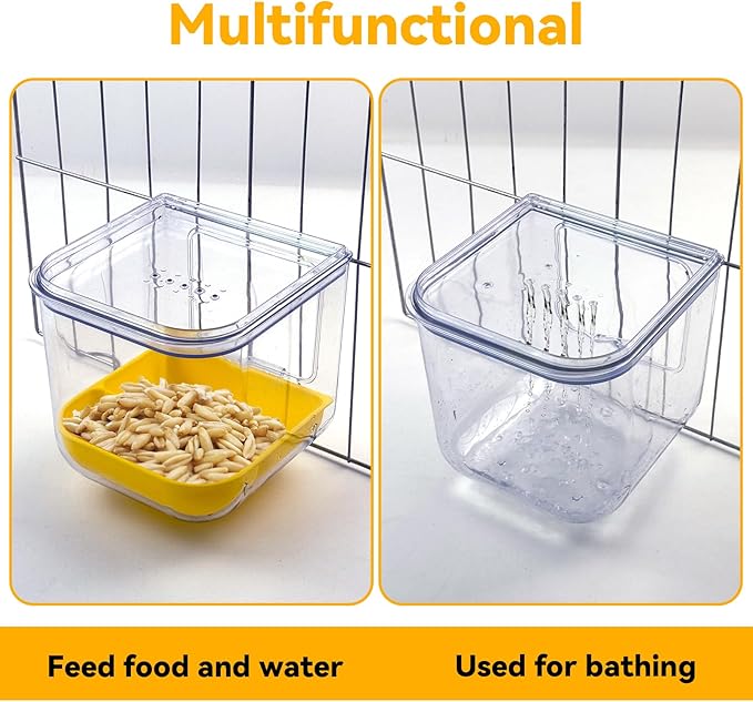 PINVNBY 2 in 1 Bird Bath for Cage,No Mess Parrot Bath Feeder with Hooks Hanging Parakeet Caged Bathing Tubs Multifunction Cube Budgie Shower Box for Canary Cockatiel Lovebird