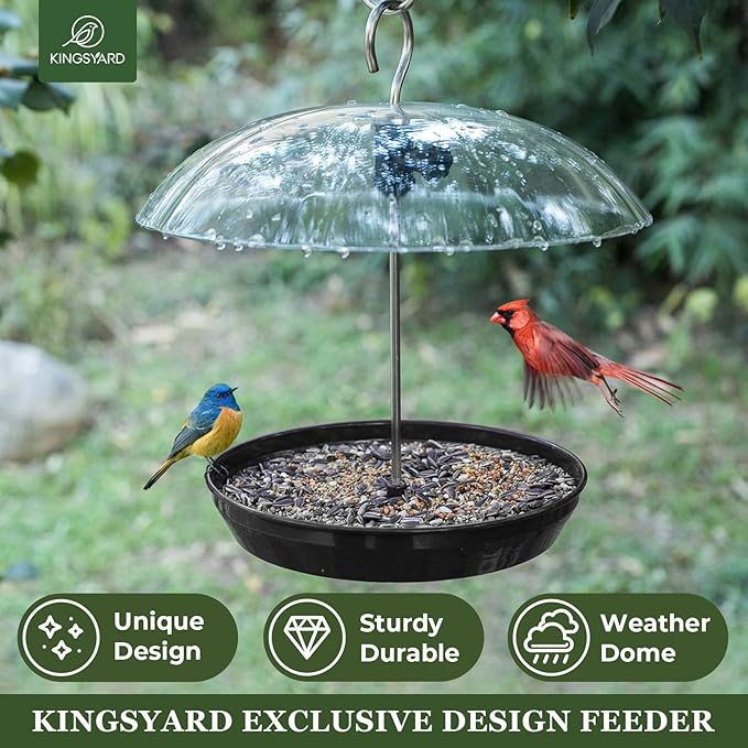 Kingsyard Adjustable Platform Bird Feeder for Outdoors, Hanging Metal Seed Tray with Clear Rain Proof Dome, Large Capacity for Wild Bluebird Cardinal Dove Mealworm, Black