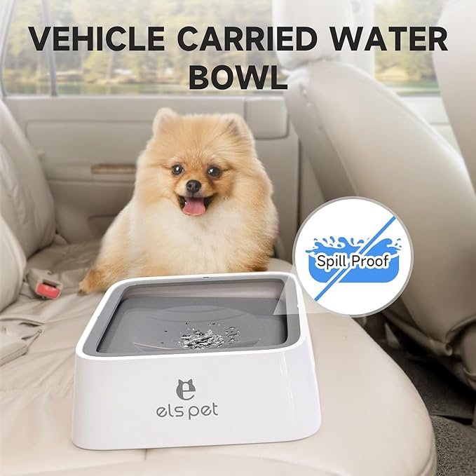 ELS PET No Spill Slow Water Feeder - Large Capacity 70oz/2L Travel Bowl for Dogs & Cats Anti-Gulping, Keeps Floor & Beard Dry, Dishwasher Safe, Activated Carbon Filter Included (Grey)
