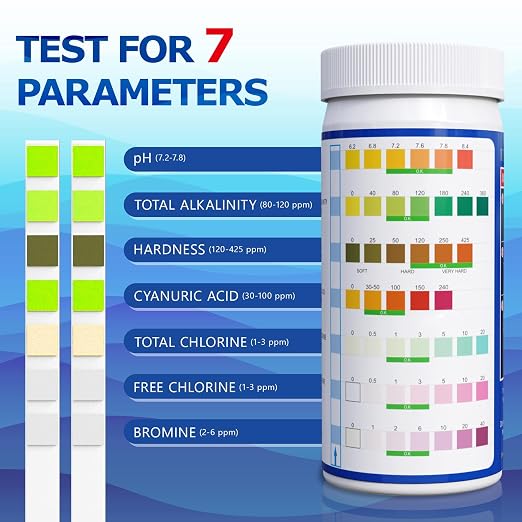 Pool Test Strips Spa Hot Tub Pool Water Testing Kit (7-Way) | Swimming Pool Water Tester Strips Kit - Rapid Accurate Easy to Test pH, Hardness, Cyanuric Acid, Chlorine, Bromine, and More