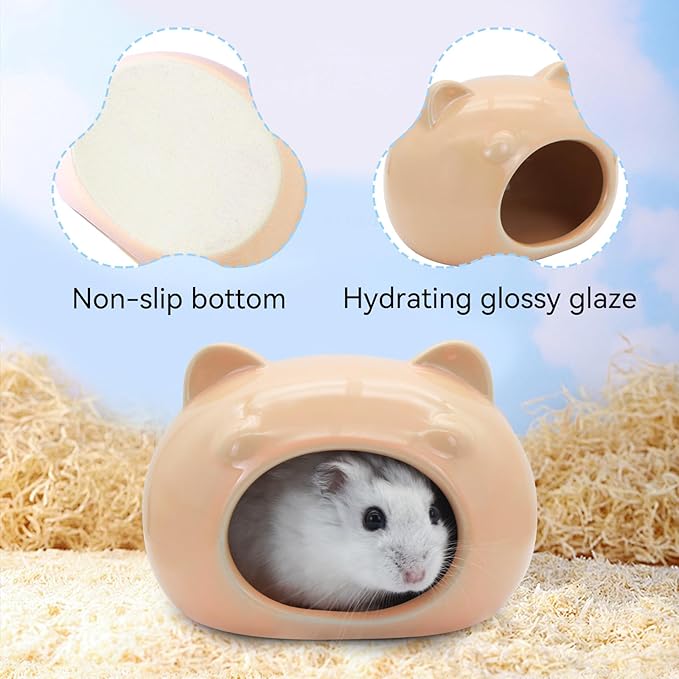 Hamster Ceramic House, Cute Bear Shape Hamsters Summer Cooling Cave for Small Pets Dwarf Mice Gerbils (Orange, S)