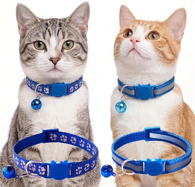 Blue Break Away Cat Collar with Bells, [2 Pack] Breakaway Kitten Collar with Bells, Reflective Cat Collar for Girl Cats Kitty