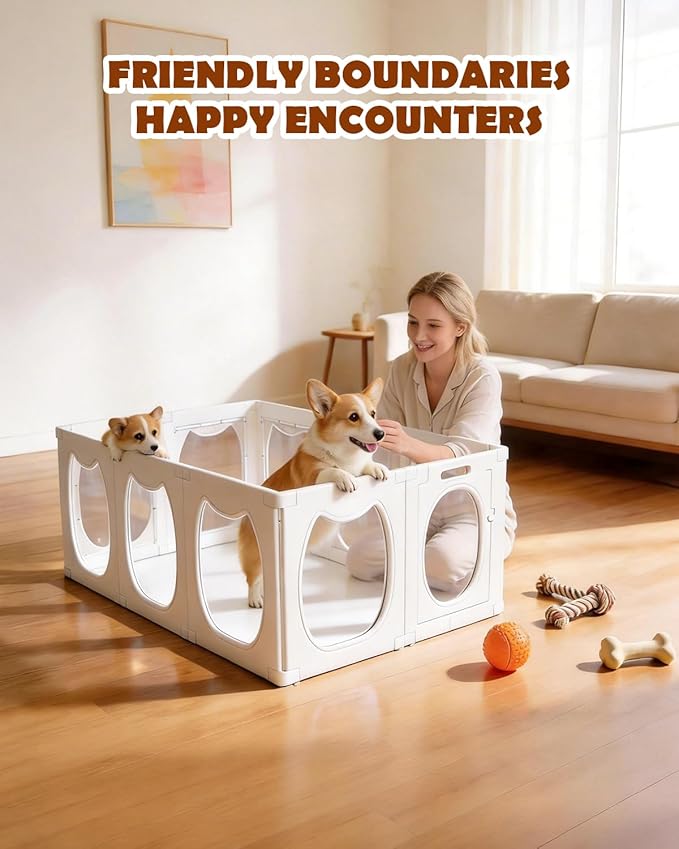 Clear Acrylic Dog Playpen with Door, 10 Panels Large Clear Dog Playpen Indoor, 23.6" Transparent Pet Fence, Expandable Puppy Playpen with Suction Cups, Easy Assemble for Medium/Small Dogs & Pets