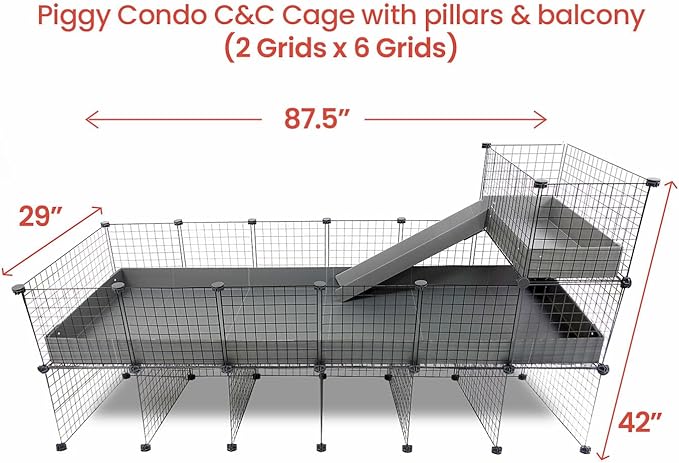 GuineaDad Piggy Condo – Premium C&C Cage with Balcony, Ramp, & Pillars for Guinea Pigs & Small Animals with Coroplast Base | Acrylic and C&C Grids for Small Pets (C&C Grids, XXL (29" x 87.5" x 42"))