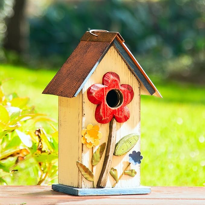 Glitzhome Hanging Bird House for Outdoor,10.2" H Patio Garden Decorative Birdhouse Pet Cottage Wooden Distressed Birdhouse with 3D Flowers for Bluebird,Hummingbird,Sparrow,Wren Finch, Washed White