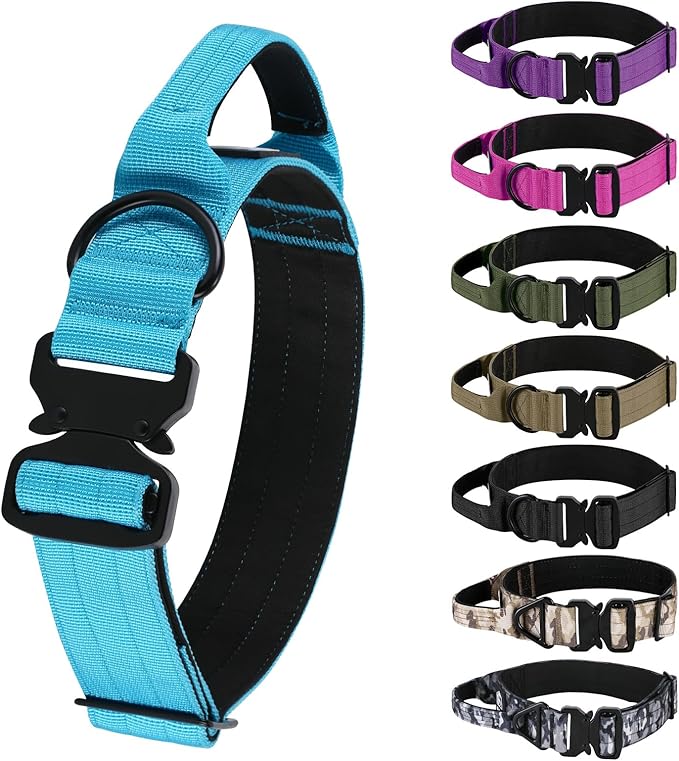 Tactical Thick Dog Collar, Adjustable Training Nylon Dog Collar, Heavy Duty Metal Buckle & Control Handle for Small Medium Large Dogs (L, Blue)