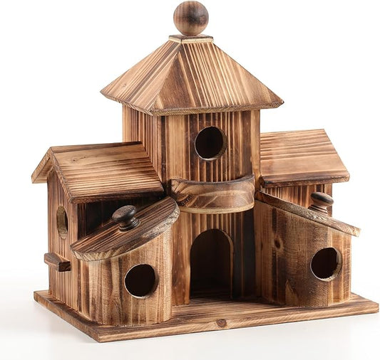 Bird Houses for Outside, Wooden 6 Hole Bird House Room for Multiple Birds, Outdoors Hanging Birdhouse Nesting Box for Garden, Bird Hotel for Wren Chickadee Sparrow