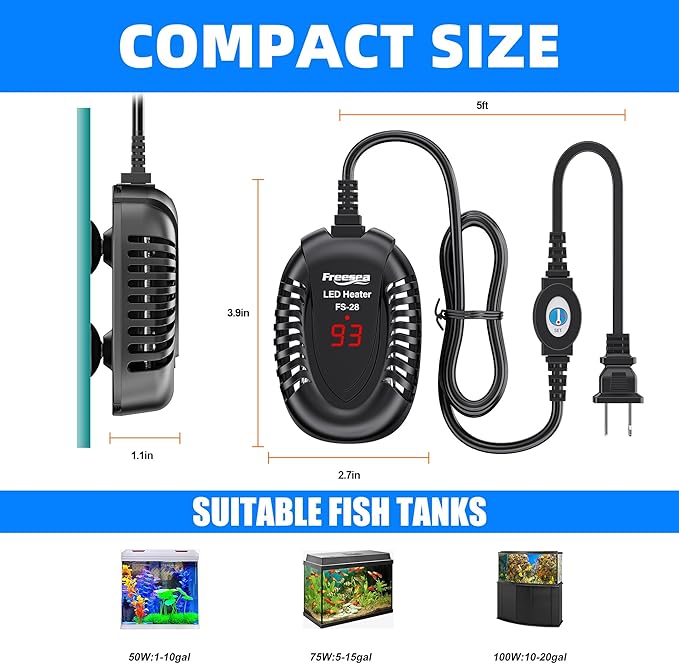 FREESEA Aquarium Fish Tank Heater: 100W Small Submersible Turtle Heater with Adjustable Temperature External Controller for Betta | Saltwater | Freshwater | 10-20 Gallon
