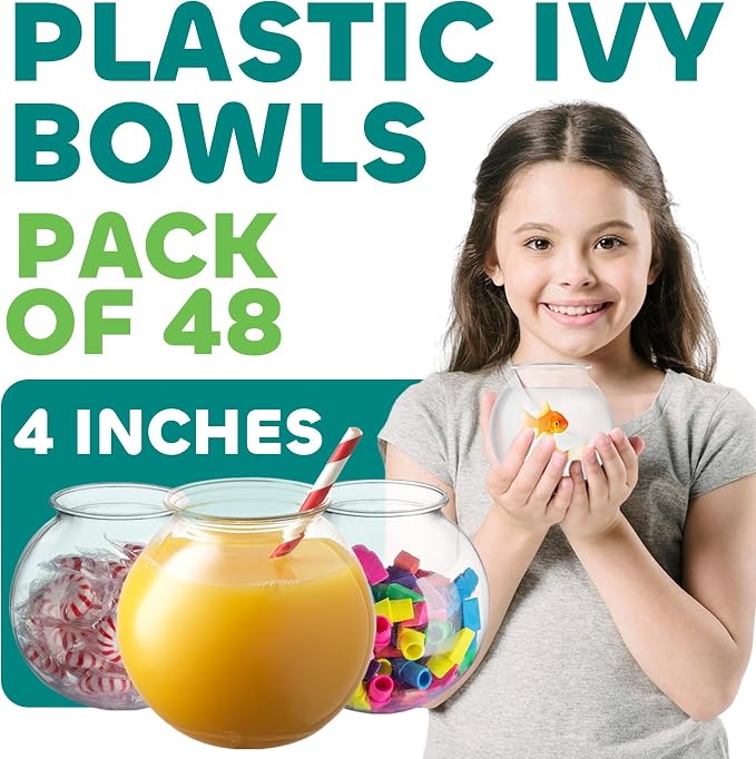 16 Oz Plastic Fish Bowls (48-Pack) Drink, Party & Decorative Ivy Bowls | BPA-Free Plastic Bowls for Candy Buffets, Carnival Games, Prize Tables, Centerpieces, Crafts & Event Displays