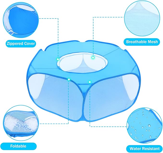 Small Animal Playpens with Top Cover, Foldable Breathable Small Pets Cage Tent Outdoor Indoor Portable Play Pen for Guinea Pig Hedgehog Hamster Cat Rabbit Bunny Puppy Ferret Rat Chicks (Blue)