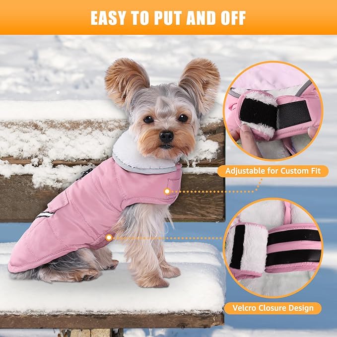 iBuddy Dog Winter Coat for Extra Small Dogs, Easy on XS Dog Snow Jacket Velcro Waterproof Pet Puffer Clothes with Harness Hole Adjustable Reflective Quilted Dog Cold Weather Vest for Girl 8-12 Pounds