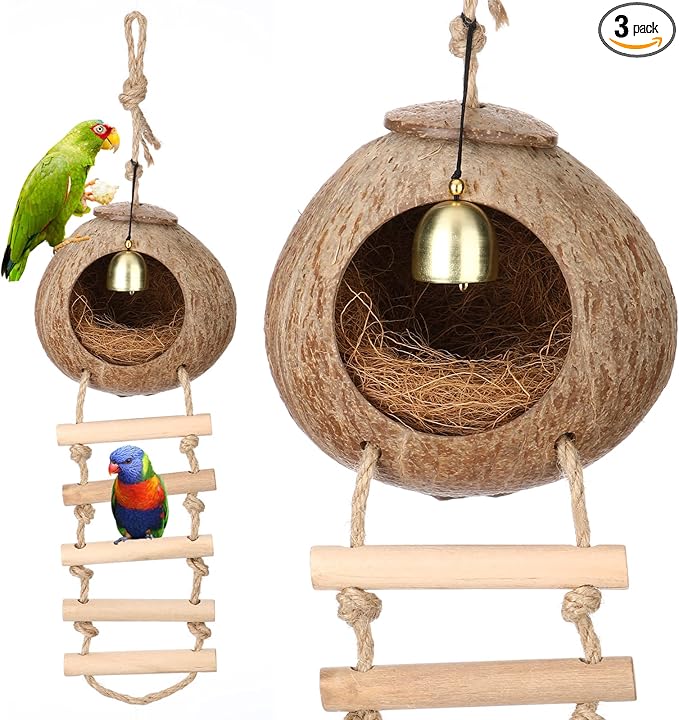 Briwooody Coconut Shell Bird Nest House Breeding Bed Nestingand Anti-Pecking Bite with Natural Coir Fiber Bird Nest Toy Bell for Parrot Budgie Parakeet Cockatiel Conure Lovebird Canary Finch(Classic)