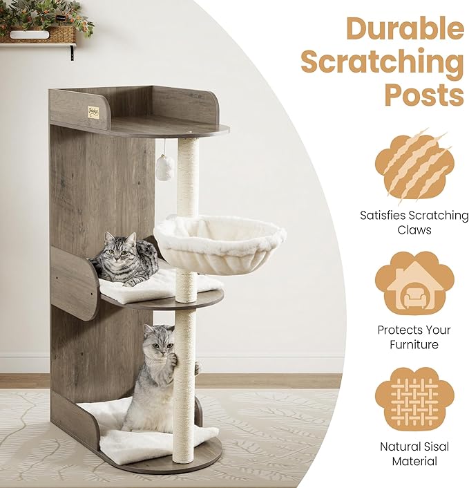 Modern Wood Cat Tree Tower for Indoor Large Cats, Cat Scratching Posts with Big Perch Bed, 44.8" Tall Multi-Level Wooden Cat Condo with Hammock, Removable Pads, Kitty Furniture, Greigy
