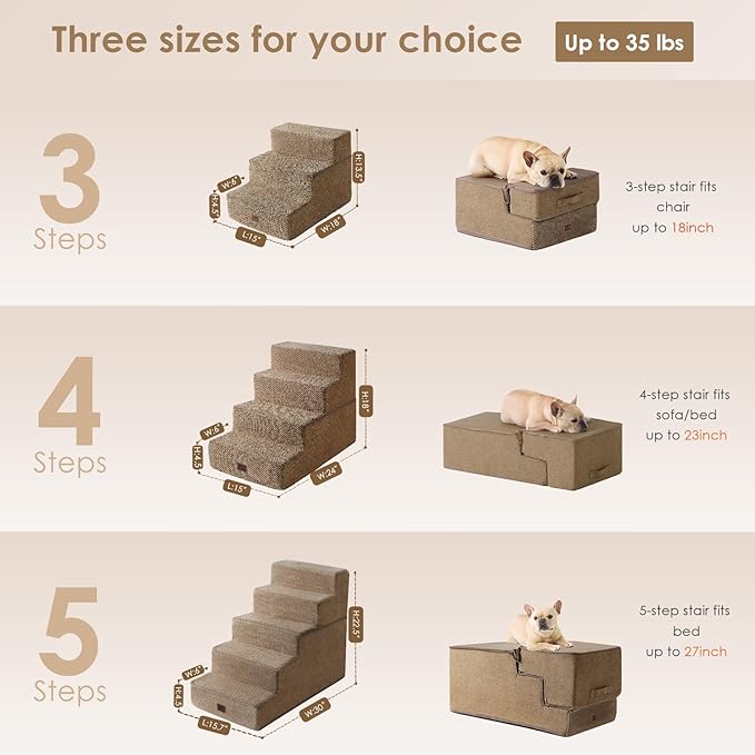 EHEYCIGA Dog Stairs for High Bed 22.5" H, 5-Step Dog Steps for Bed, Pet Steps for Small Dogs and Cats, Non-Slip Balanced Pet Ramp Indoor, Camel