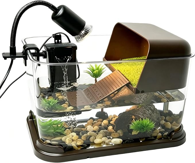 Turtle Tank Starter Kit, Durable PC Turtle Aquarium Kit with Basking Platform & Dimmable Heat Lamp, Baby Aquatic Turtle Tank with Filter, Complete Turtle Habitat Kit for Beginners