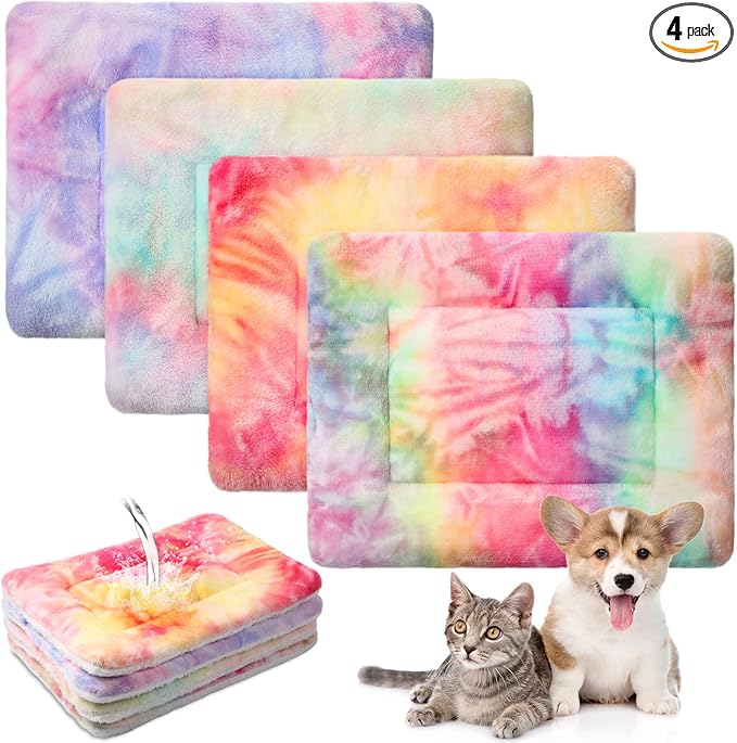 Haull 4 Pcs Waterproof Guinea Pig Bedding Guinea Pig Bed Plush Cage Liners Soft Rabbit Dog Crate Pad Cat Mat Reversible Cozy Animal Pee Pad Hamster Bunny Mat Accessory(Tie Dyed,18 x 24 Inch)