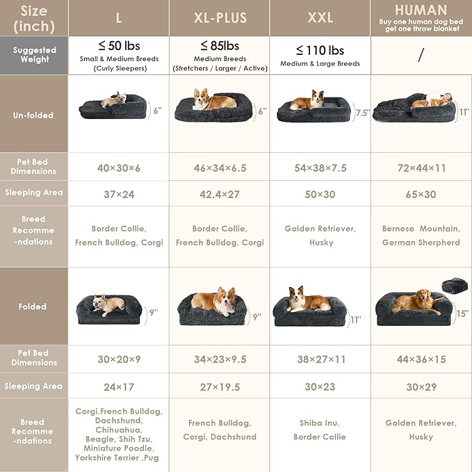 EHEYCIGA Foldable XXL Dog Bed for Large Sized Dog, 54"x38"x7.5" Faux Fur Fluffy Pet Couch Bed, Orthopedic Calming Memory Foam Big Pet Bed, Washable Pet Sofa Bed with Non-Slip Bottom, Dark Grey