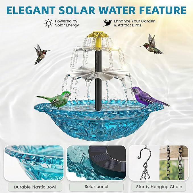 Solar Fountain for Bird Bath, Hanging Cascade Water Feature for Outdoor Garden & Yard Decor, Creates a Relaxing Flow that Attracts Birds (Blue(XL))