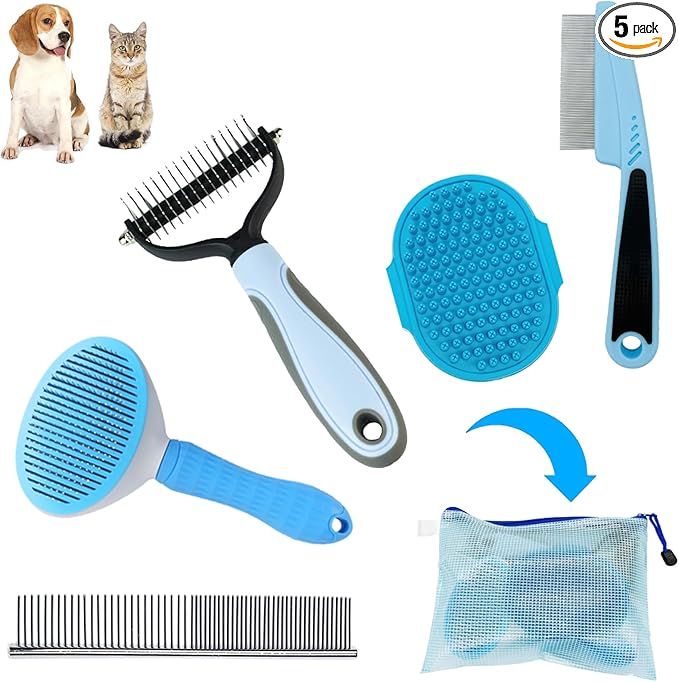 Dog Brush Grooming Kit 5PCS - Dog Brush for Shedding,Puppy Brush and Flea Comb for Dogs, Slicker Brush Comb and Dog Hair Brush Set Blue, Grooming at Home or Travel