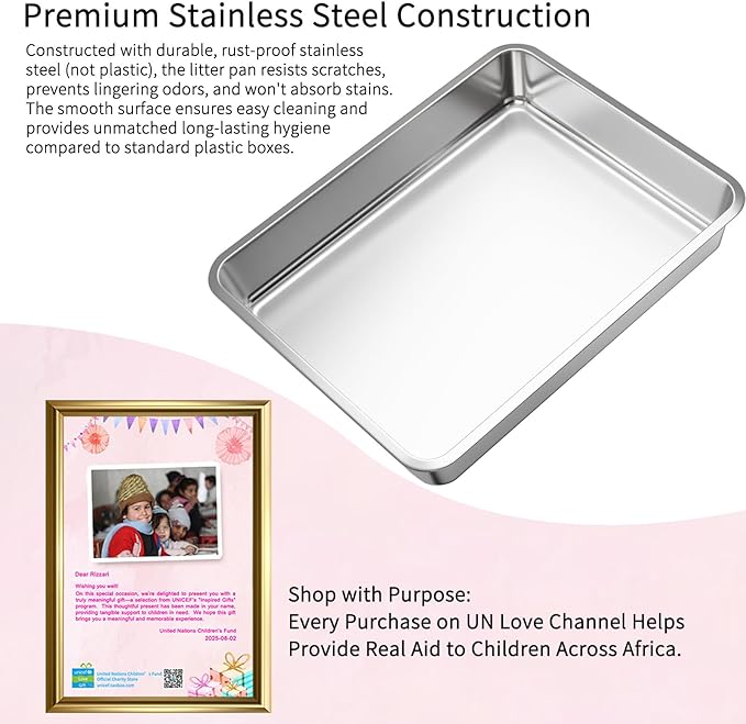 RIZZARI Stainless Steel Litter Box: Large Dual-Entry Enclosed Leakproof Design - Odor-Free Non-Stick Cleaning - Teflon Coating & Pull-Out Sifting Tray for Multi-Cat Homes - Use in Living Room