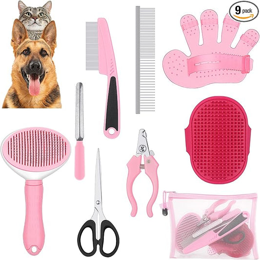 Yaomiao Dog Brush Grooming Kit 9 Pcs Kit with Pet Nail Clipper and File Cat Grooming Deshedding Undercoat Rake Comb for All Breeds Sizes Promotes Healthy Skin Coat(Fresh Color)