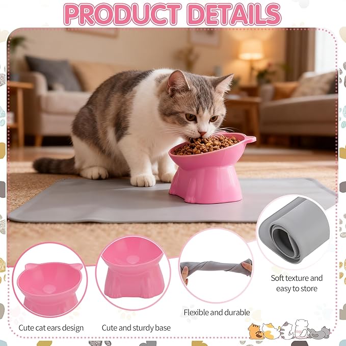 Elevated Cat Bowls 15° Raised Cat Bowl with Silicone Mat Whisker Friendly Anti Vomiting Cats Elevated Food and Water Bowls for Indoor Cats Kittens, Multicolor