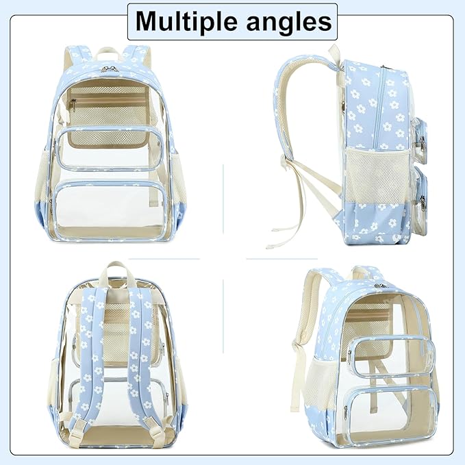 CAMTOP Clear Backpack Heavy Duty Transparent Bag See Through BookBag for Student School Work Festival Sport Travel (Blue Flower)