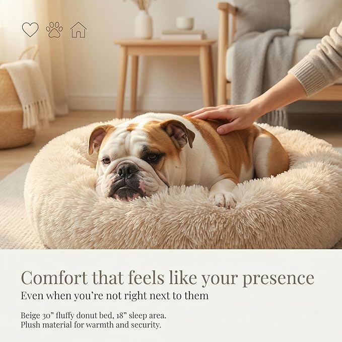 Calming Dog Bed for Medium Dogs Washable Donut 30 inches Anti-Slip Pet Bed,Round Fluffy Plush Faux Fur Cat Bed,Fits up to 45 lbs Pets,Beige