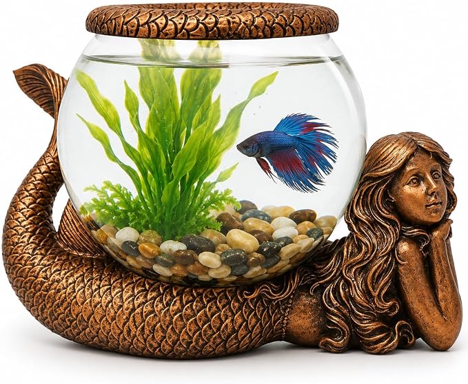 Mystical Mermaid Fish Bowl Décor – 1 Gallon Glass Aquarium, Terrarium & Candle Holder with Antiqued Bronze Mermaid Figurine, Decorative Tabletop Bowl for Home or Office