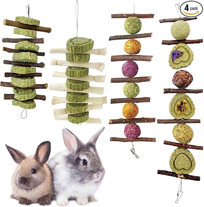 Hamiledyi 4PCS Bunny Chew Toys Rabbit Toys for Teeth Grinding Natural Fruit Sticks Organic Timothy Grass Cakes Chew Toys and Treats for Rabbit Bunny Guinea Pig Hamster Chinchilla