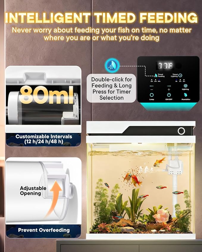 Vehipa Fish Tank, Smart Fish Aquarium Kit 4.2 Gallon | with Auto Feeder, 4-in-1 Silent Pump, Adjustable Lighting, Temperature Display & Humidifier for Desktop, Office, Room