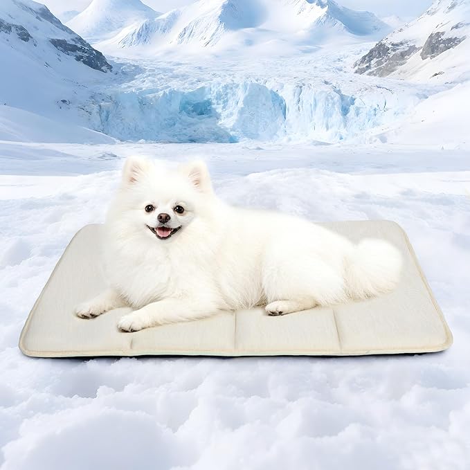 Cooling Dog Mat Q-Max>0.5 - Rapid Cooling Tech, Thin Breathable Crate Pad, Portable Washable Summer Mat, Chill Soothing Fabric - 24"x18" Small Dog/Cat, Dark Beige