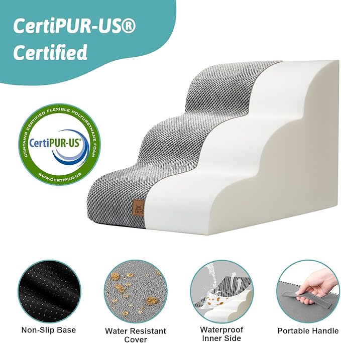 COZY KISS Dog Stairs for Small Dogs 15.7" H, Curved Dog Step for Puppy, Older Cat, Medium Pet Ramp for Sofa, Couch or Chair, Ladder with High Density Foam, 3 Step, 15.7x22.4x15.7 inch, Grey