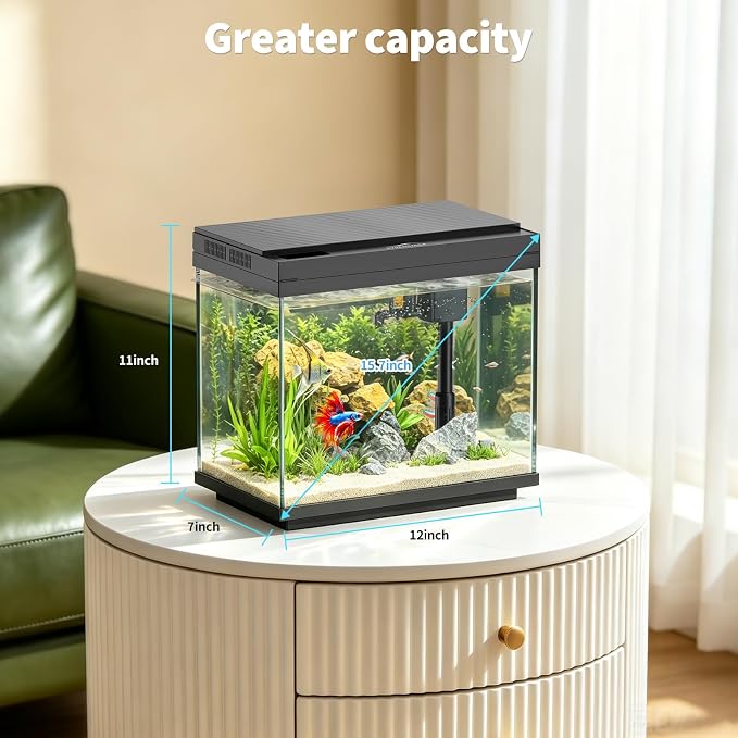 3 Gal Glass Fish Tank Kit with Filter & Light | 3-Gallon Capacity，No Setup Required，2-Stage Filter，Ultra-Quiet Operation，3-Level Adjustable Light，180° Flip Lid，Feeding port