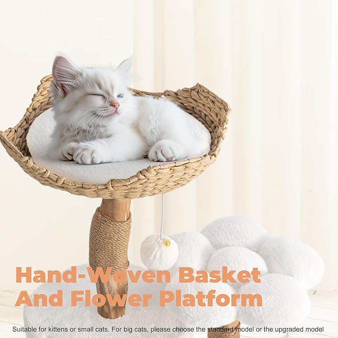 Easyego Modern Cat Tree, 26.3" Aesthetic Wood Cat Tree Tower, Luxury Cat Condo with Scratching Posts and Flower Platforms, Cat Furniture, Pure White
