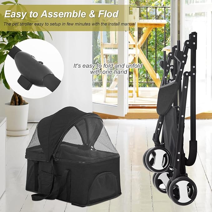 BestPet Pet Stroller Premium 3-in-1 Multifunction Dog Cat Jogger Stroller for Medium Small Dogs Cats Folding Lightweight Travel Stroller with Detachable Carrier, Black
