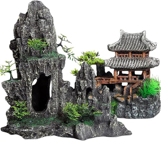 Saim Extra Large Aquarium Decorations, Resin Castle and Artificial Rock with Plants (Ancient Temple with Mountain) Fish Hideout Cave for Amano Shrimp Cichlid to Play, Hide and Rest Hardscape