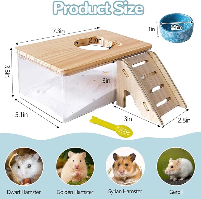 Hamster Sand Bath Box, Transparent Small Animal Bathroom & Digging Container with Ladder and Bowl for Hamsters Mice Lemming Gerbils or Other Small Pets
