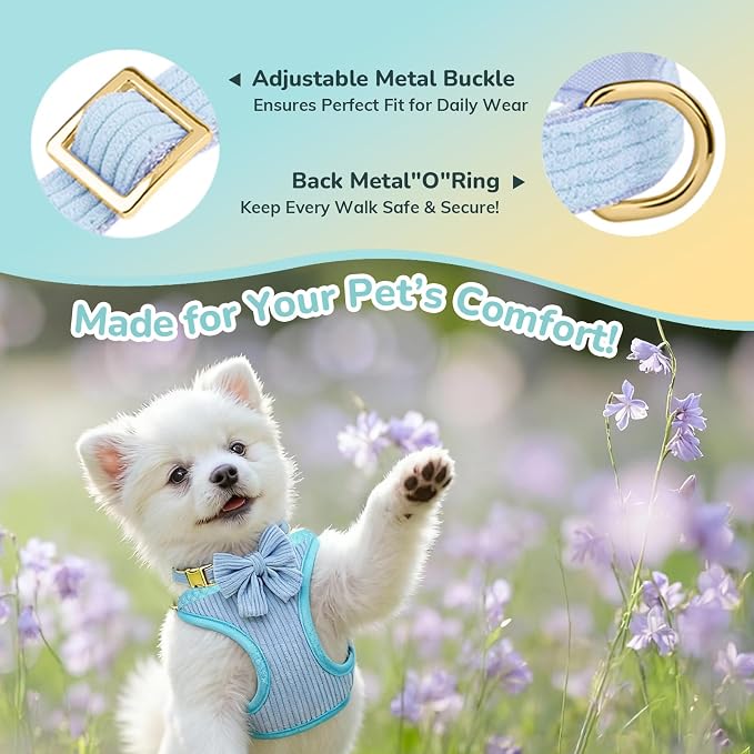 Small Dog Collar Harness and Leash Set, Dog Harness no Pull with Bowtie, Breathable Cotton Adjustable Pet Puppy Harness, Easy Walk Dog Harness, S(14–18.9")