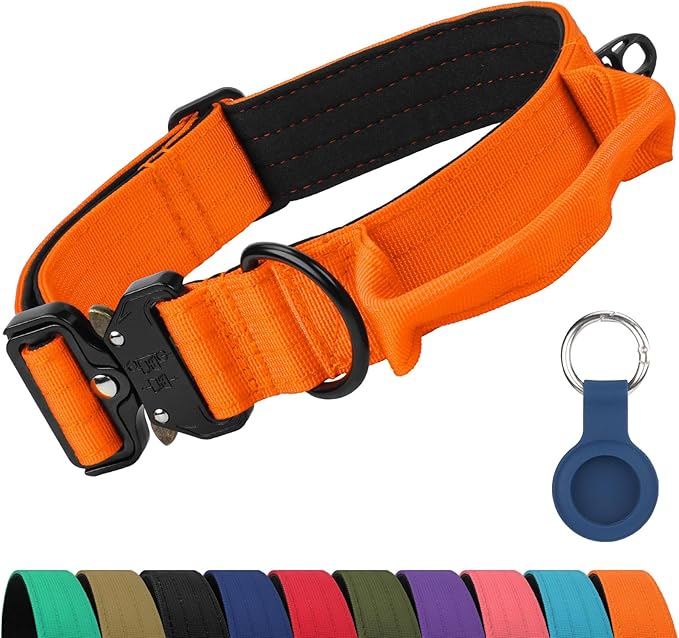 Joytale Tactical Dog Collar for X-Large Dogs with Control Handle, Heavy Duty Military Training Collar for Power Breeds, AirTag Holder Case, Quick Release Metal Buckle, Soft Padded, XL, Orange