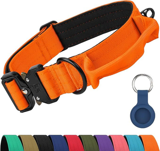 Joytale Tactical Dog Collar for X-Large Dogs with Control Handle, Heavy Duty Military Training Collar for Power Breeds, AirTag Holder Case, Quick Release Metal Buckle, Soft Padded, XL, Orange