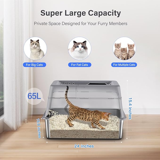 Aphyxen Stainless Steel Litter Box with Lid, XL Extra Large Enclosed Cat Litter Box Fits All Cats Modular Design with Flip Cover, Top Entry Metal High Sided Cat Box & Pedal & Scoop (Grey)