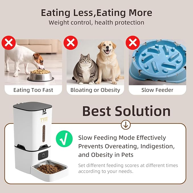 TYM Automatic Cat Feeder, 7L Time Cat Food Dispenser for Dry Food, APP Control Pet Feeder Programmable Portion Size, Auto Feeder for Cats Small Dogs with Stainless Bowl, Large Capacity (Not WiFi)