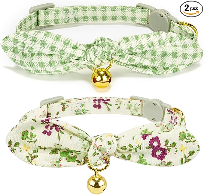 Bowtie Cat Collar with Bell, 2 Pack Cotton Breakaway Kitten Collars with Removeable Bow Stylish Cat Collars, Floral Green & Plaid